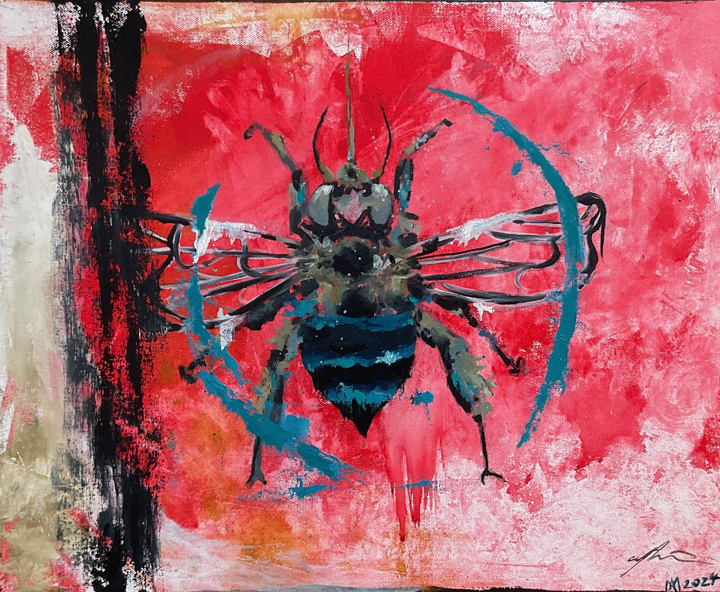 “Blue-Banded Bee in Shades of Raspberry” original painting